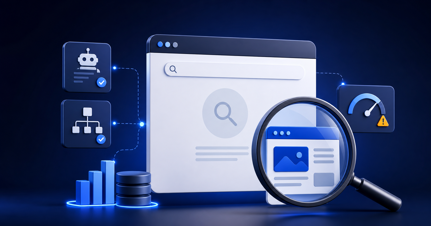 Google indekslash muammolarini tekshirayotgan SEO lupa illyustratsiyasi