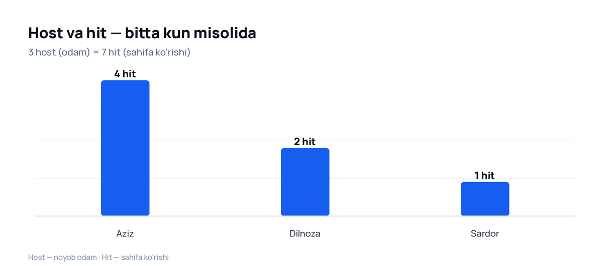 Uch tashrifchi misolida host va hit farqi: 3 host, 7 hit ustunli diagramma