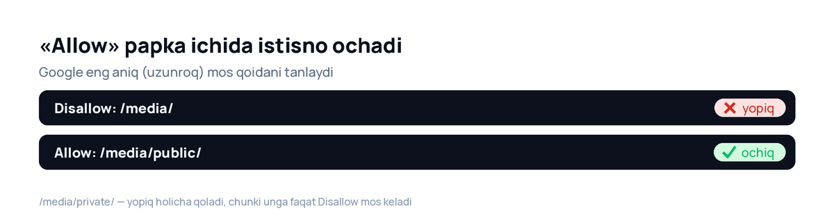 Allow qoidasi papka ichida istisno ochadi: Disallow /media/ yopiq, Allow /media/public/ ochiq